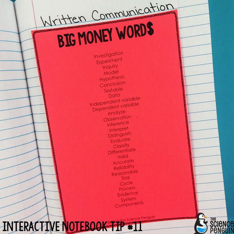 Interactive Science Notebook Tips: Big Money Words