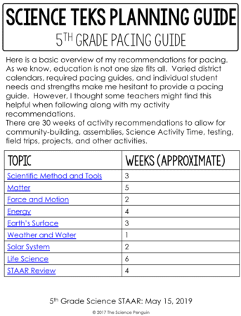 Pacing Guide for 5th Grade Science